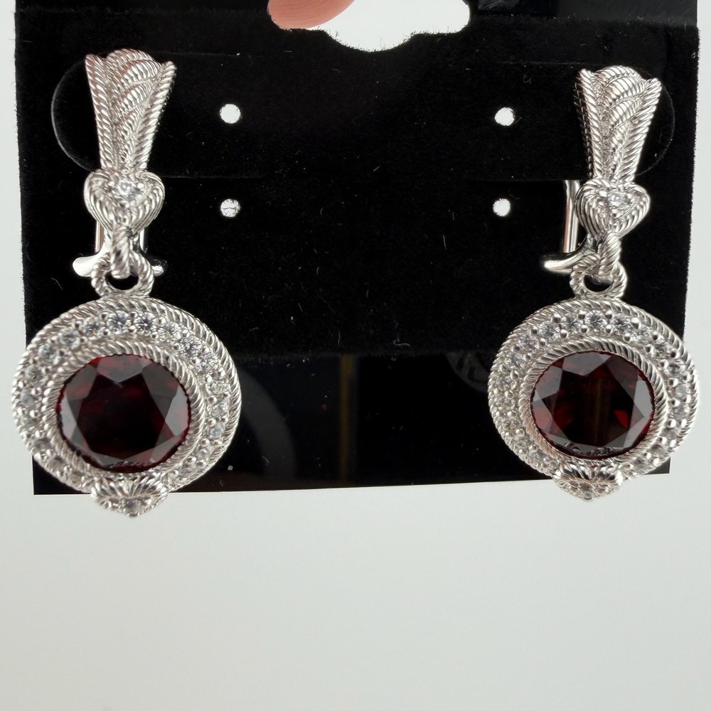 Judith Ripka Red Garnet Drop Earrings 925 Sterling Silver Heart Halo